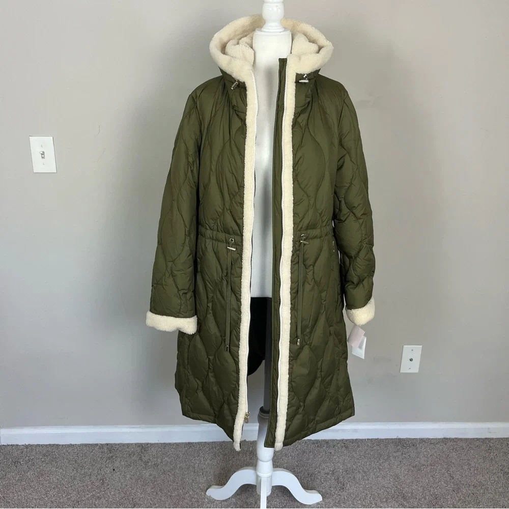 NWT KATE SPADE FAUX SHEARLING TRIM DOWN AND FEATHER FILL LONG COAT OLIVE SIZE XL - Picture 10 of 16